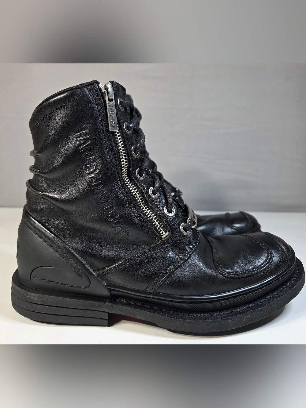 Harley-Davidson Rare Vintage Black Leather Lace-Up Side-Zip Boots Men Size 7